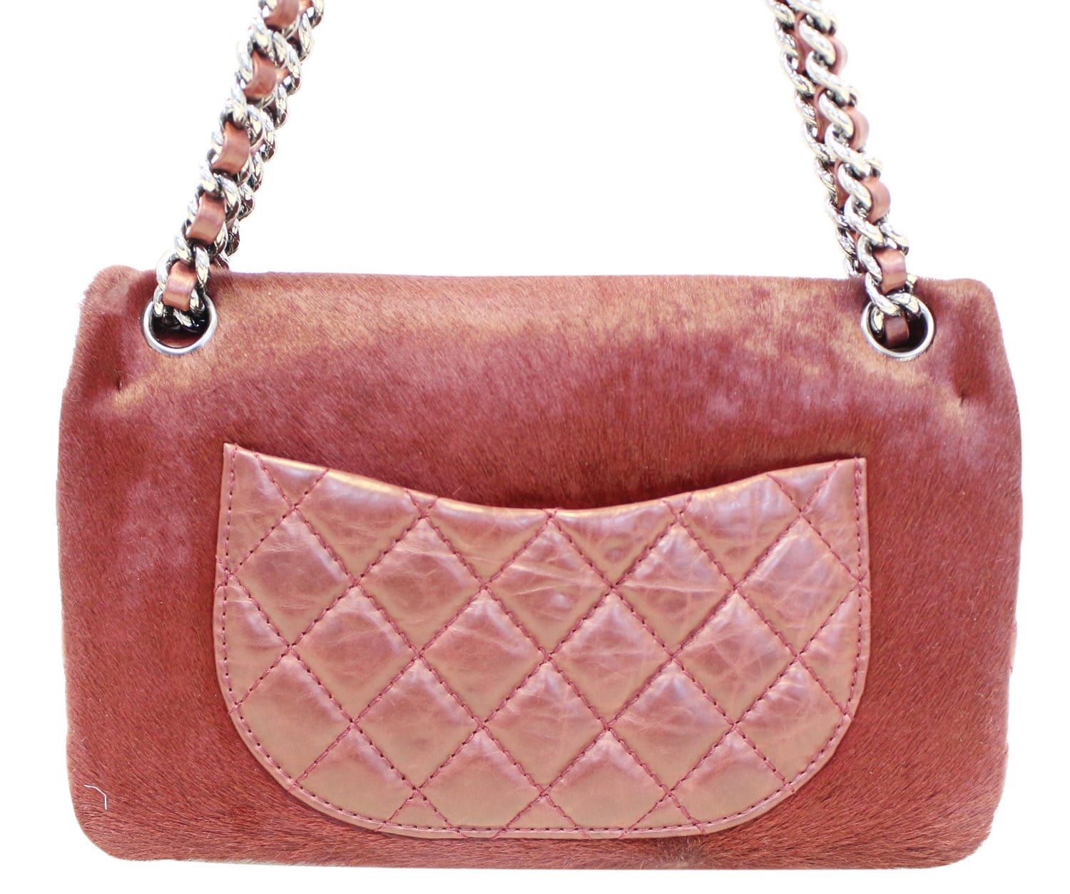 CHANEL Burgundy Quilted Leather Pony Hair Double Flap Shoulder Bag