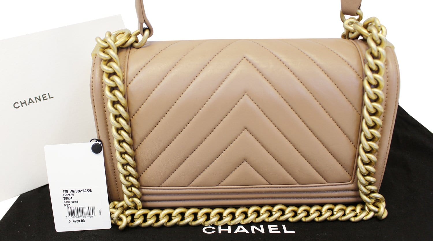 CHANEL Calfskin Chevron Quilted Dark Beige Medium Boy Flap Bag