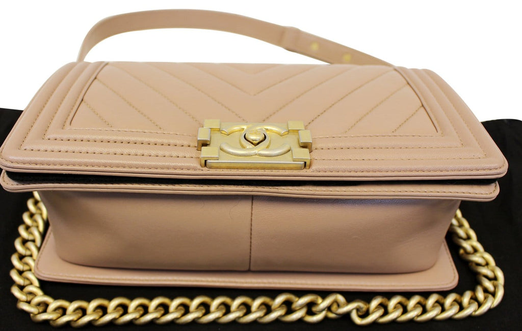 CHANEL Calfskin Chevron Quilted Dark Beige Medium Boy Flap Bag