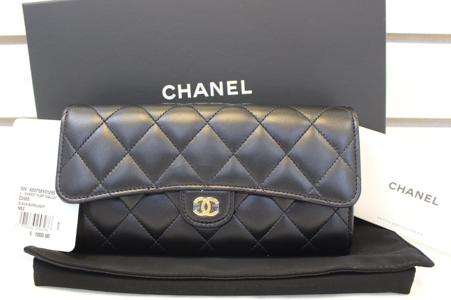 CHANEL Wallet Leather Black Quilted Lambskin Long Flap