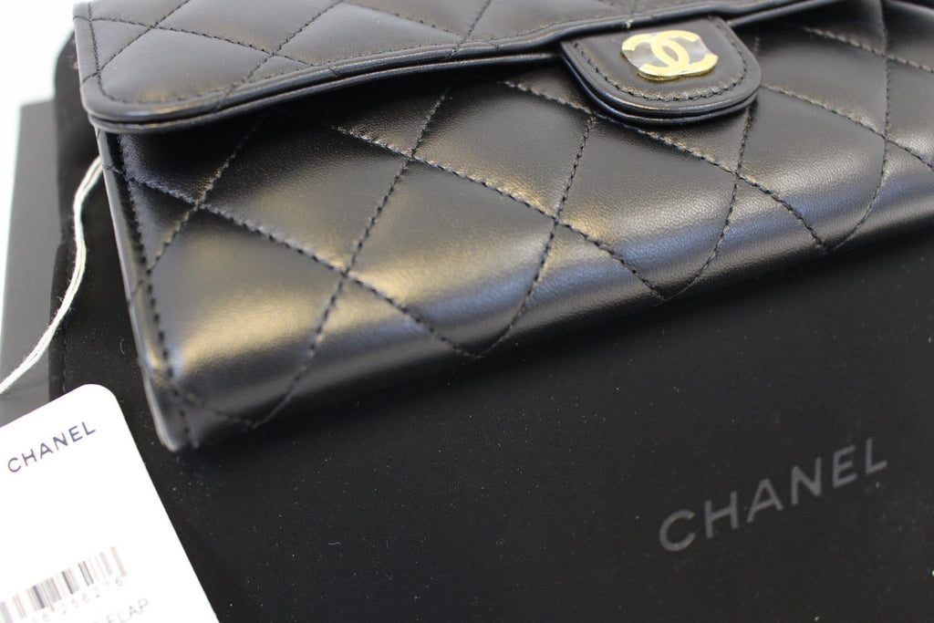 CHANEL Wallet Leather Black Quilted Lambskin Long Flap