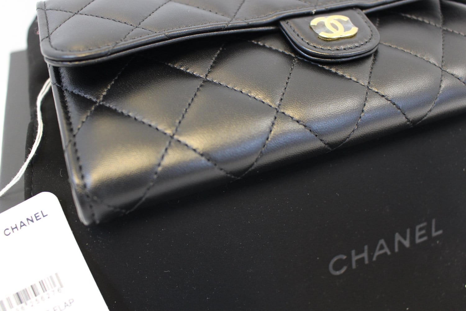 CHANEL Wallet Leather Black Quilted Lambskin Long Flap