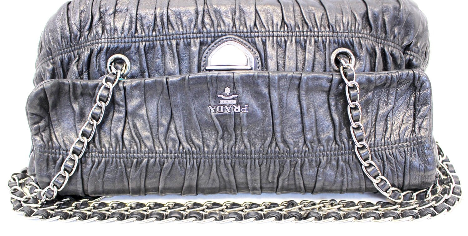 PRADA Black Nappa Leather Gaufre Ruched Flap Shoulder Bag