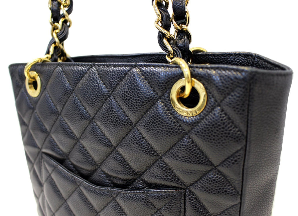 CHANEL Black Caviar Leather Petite Shopping Tote Bag