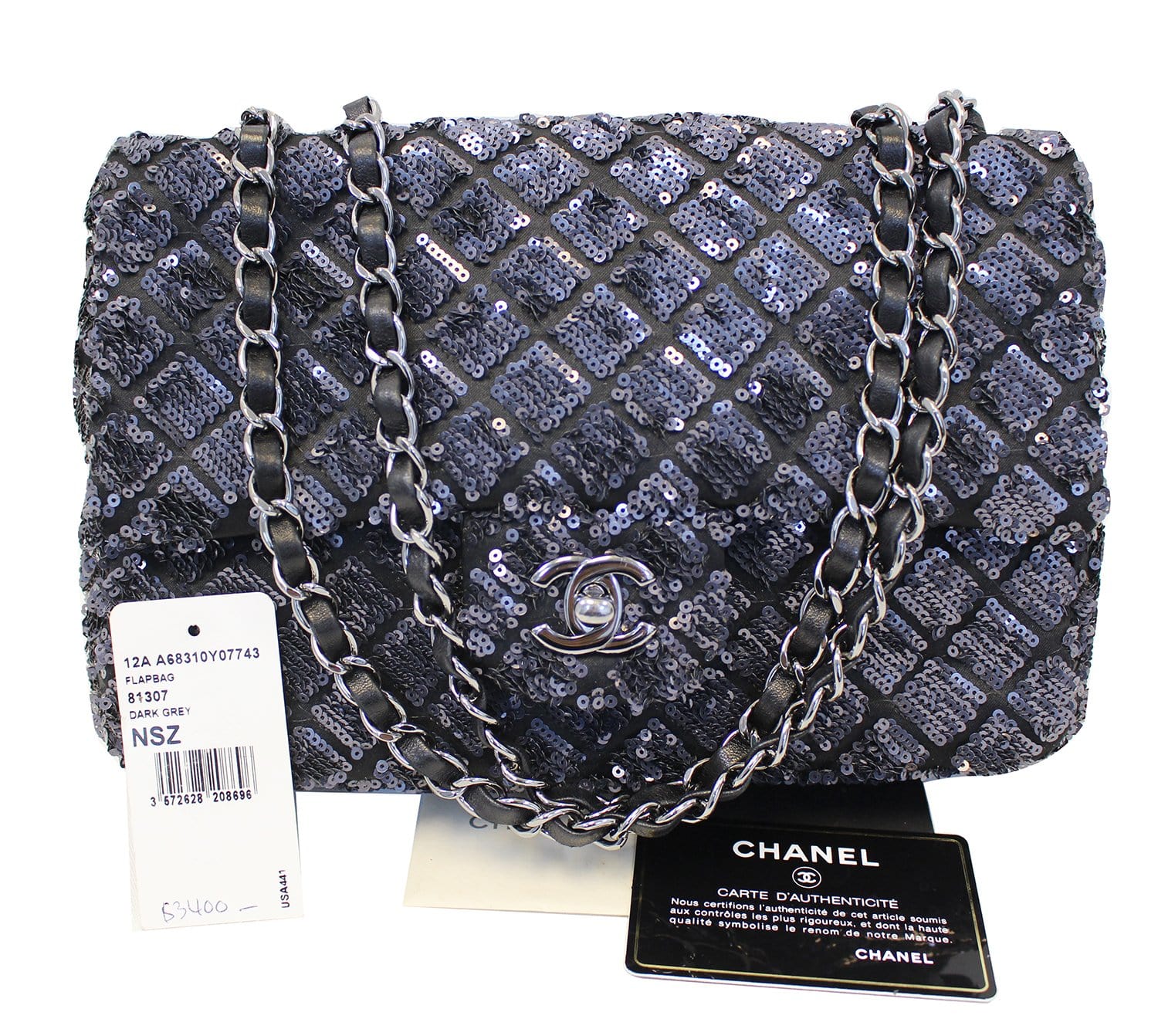 CHANEL Navy Blue/Dark Grey Sequin Flap Shoulder Bag Limited Edition