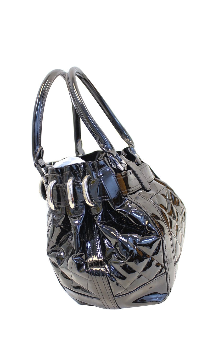 BURBERRY Black Quilted Patent Leather Beaton Tote Bag