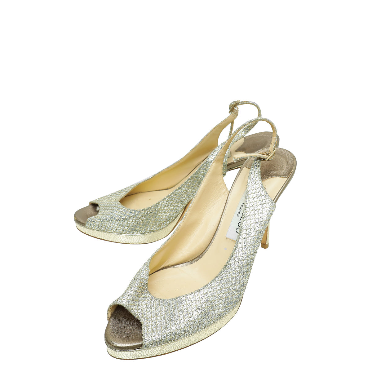 Jimmy Choo Metallic Light Gold Glitter Peep Toe Slingback 40