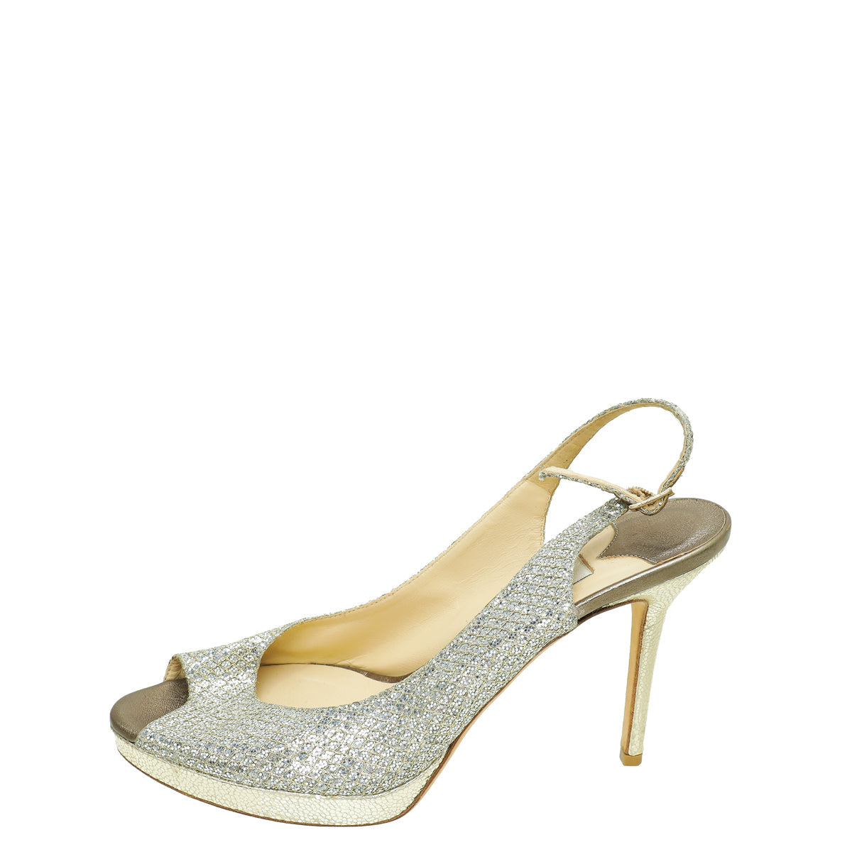 Jimmy Choo Metallic Light Gold Glitter Peep Toe Slingback 40