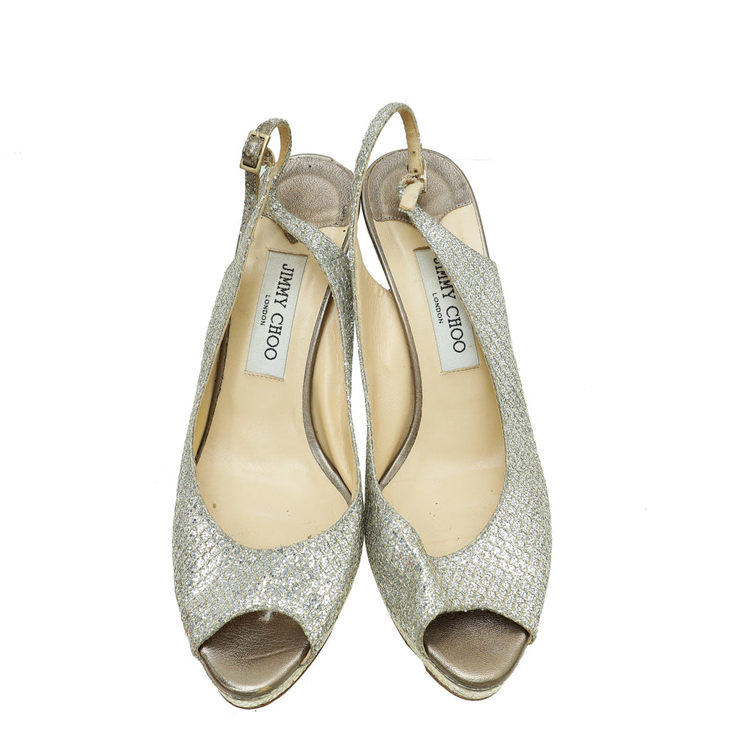 Jimmy Choo Metallic Light Gold Glitter Peep Toe Slingback 40