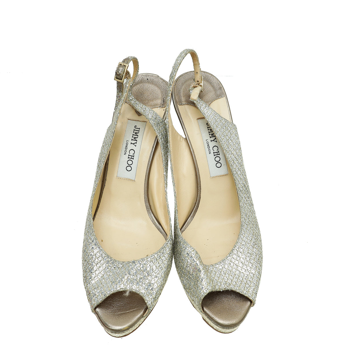 Jimmy Choo Metallic Light Gold Glitter Peep Toe Slingback 40