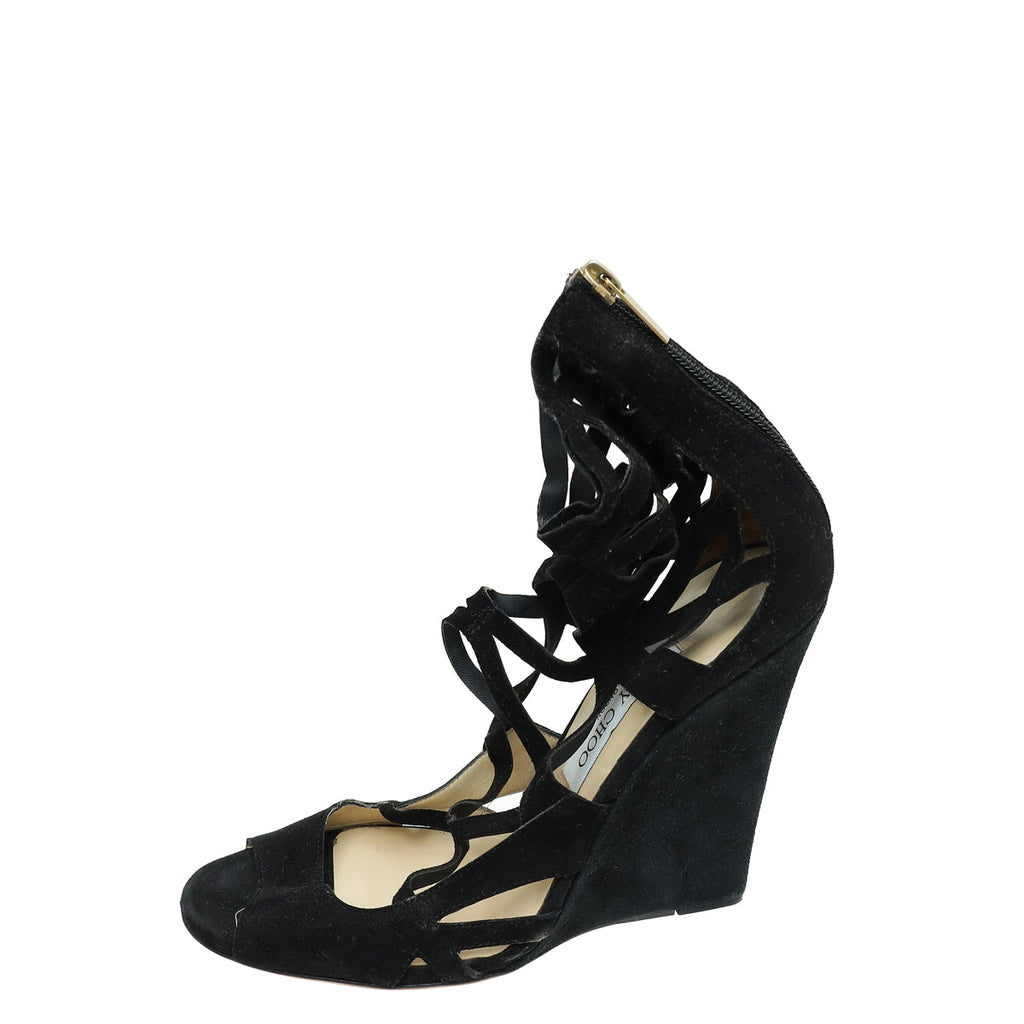 Jimmy Choo Black Suede Strappy Ankle Zip Wedge 40
