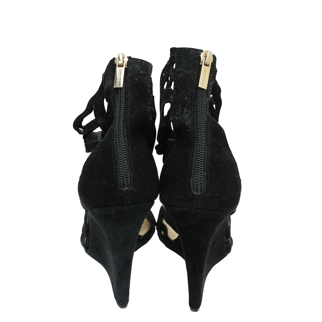 Jimmy Choo Black Suede Strappy Ankle Zip Wedge 40