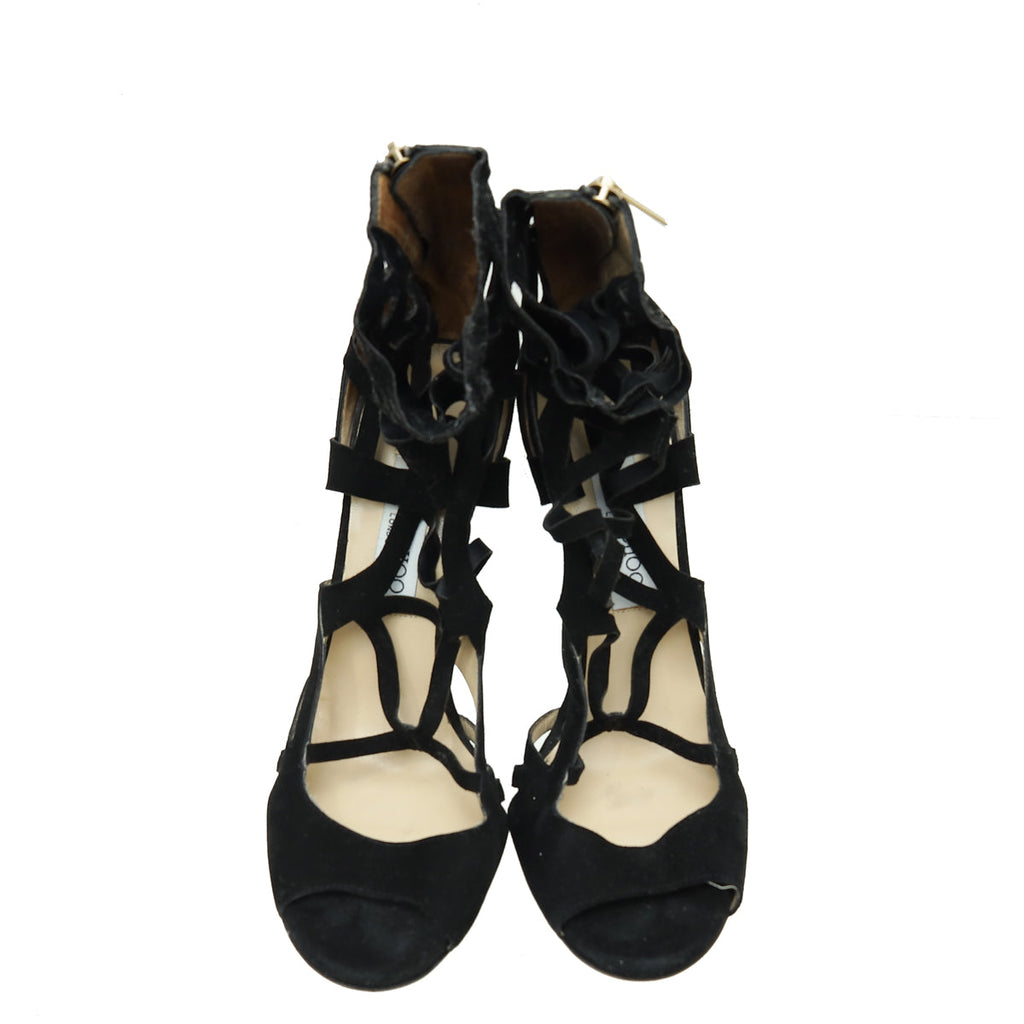 Jimmy Choo Black Suede Strappy Ankle Zip Wedge 40