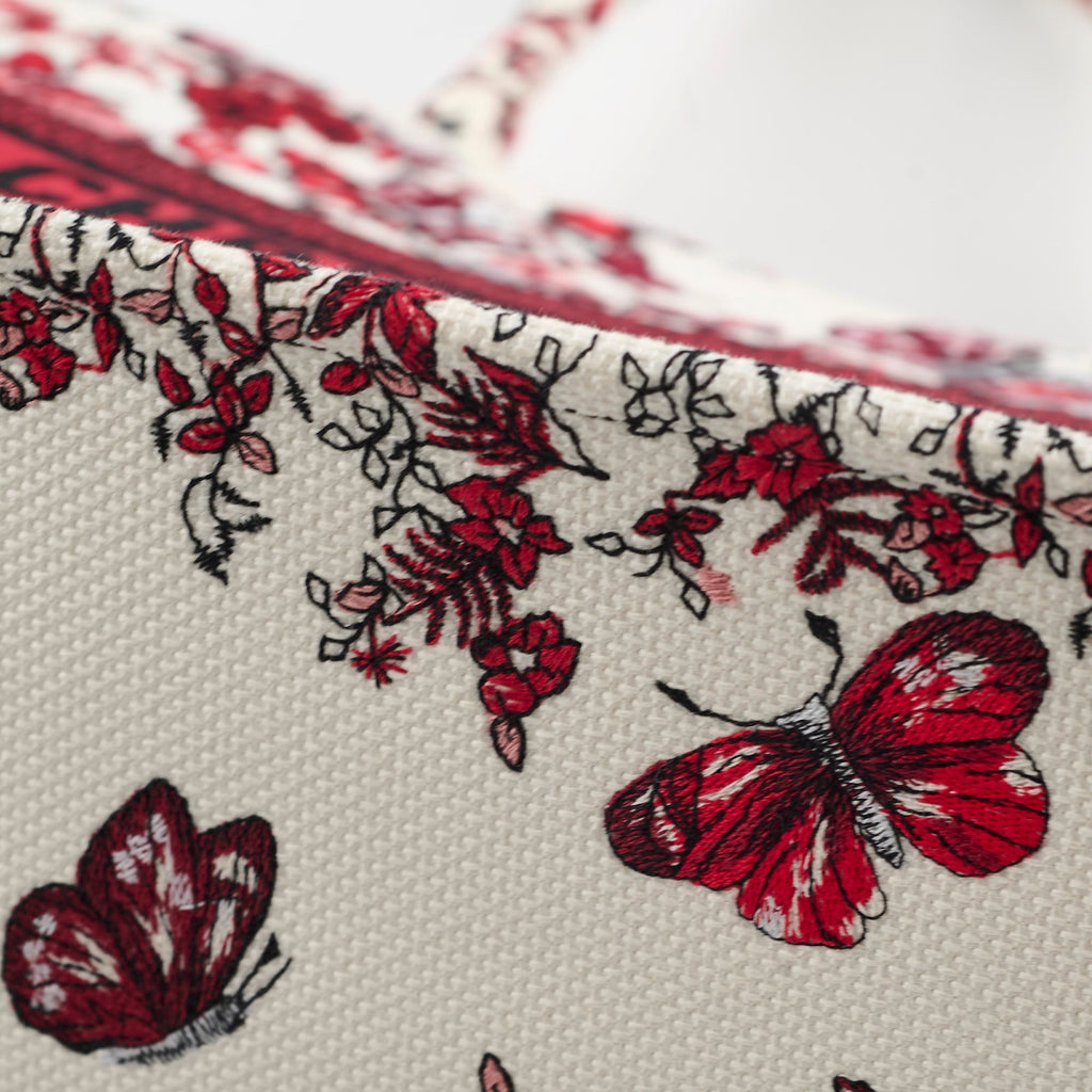 Christian Dior Medium Book Tote Butterfly Embroidery Red