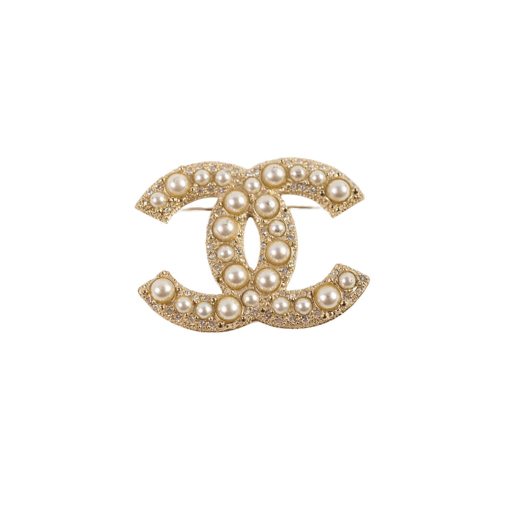 Chanel CC Logo Gold Pearl Rhinestone Brooch Costume Jewellery