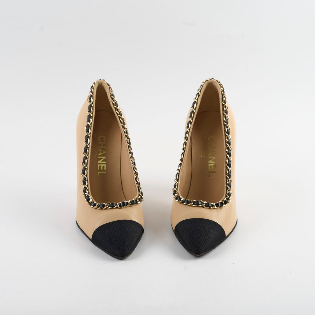 Chanel Chain Cap Toe Pumps Beige Size 35.5