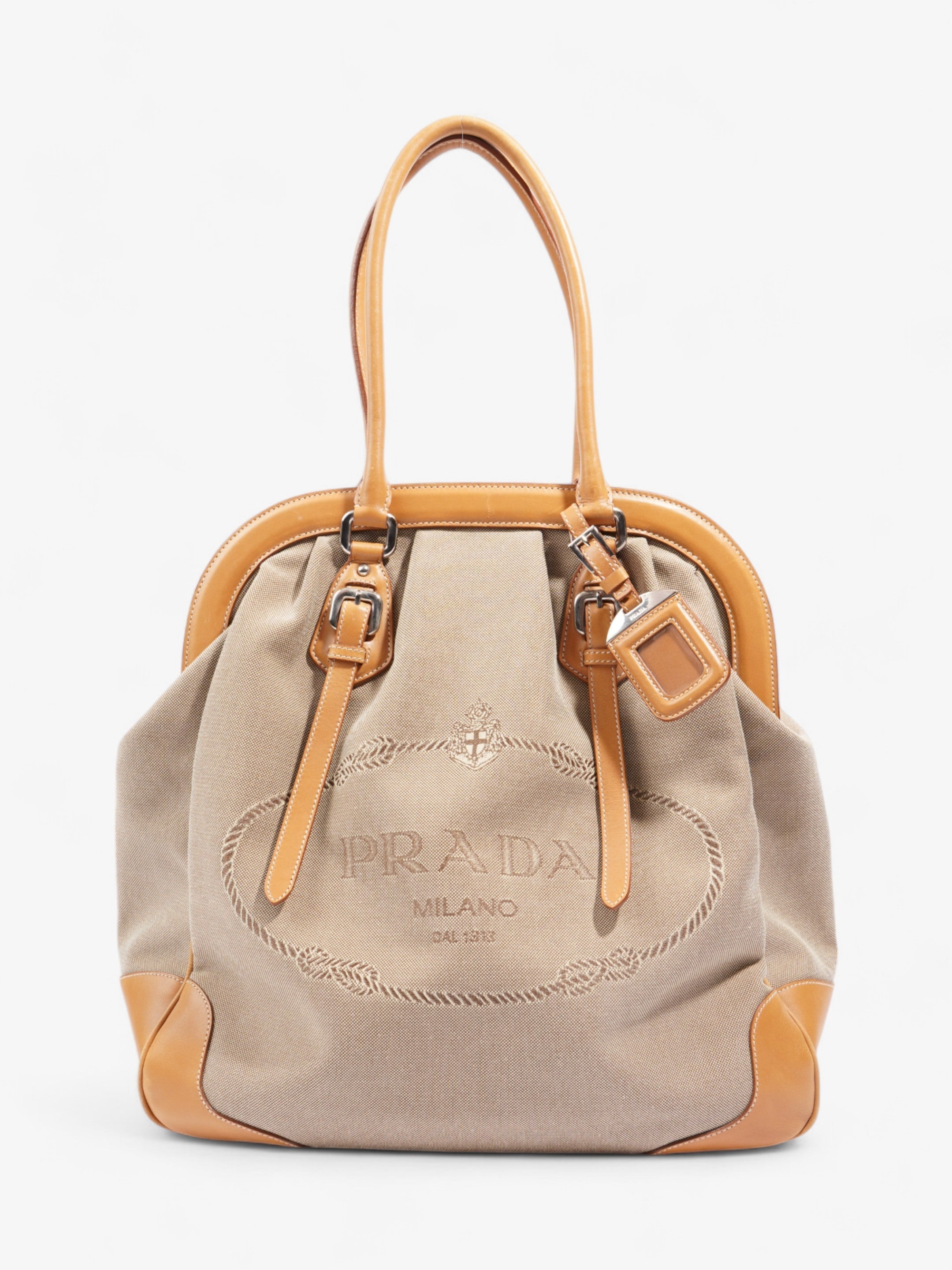 Prada Logo Tote Beige Canvas