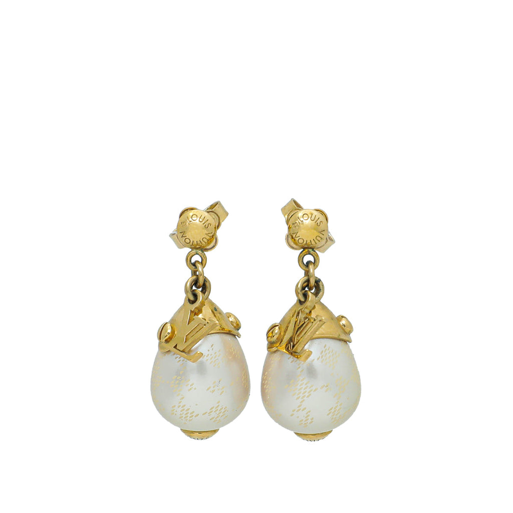 Louis Vuitton Gold Finish Damier Perle Pearl Earrings