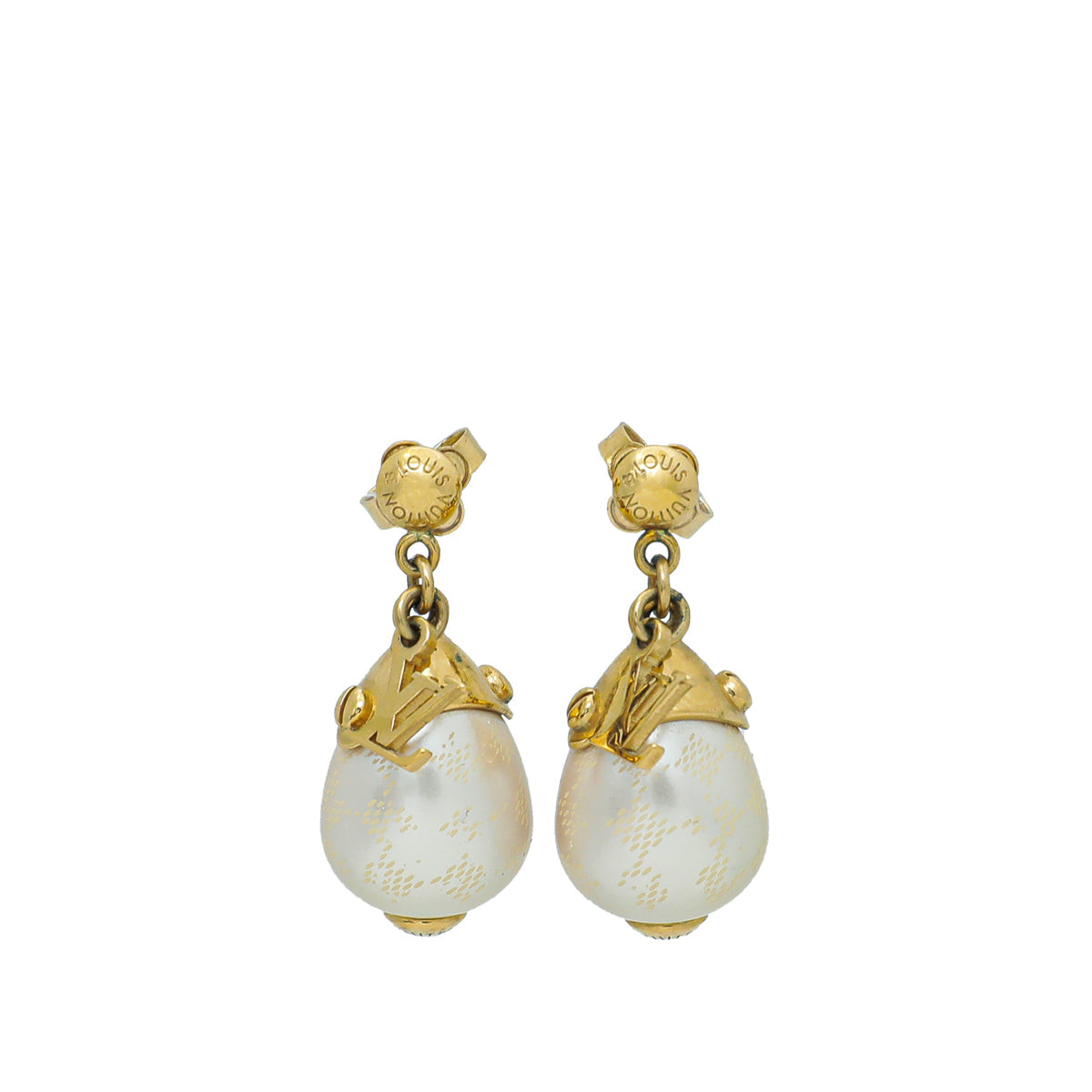 Louis Vuitton Gold Finish Damier Perle Pearl Earrings