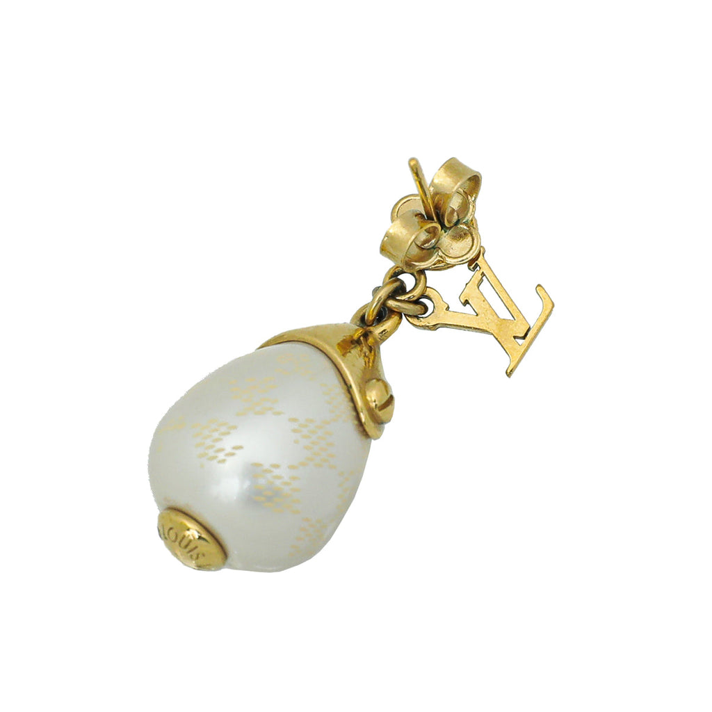 Louis Vuitton Gold Finish Damier Perle Pearl Earrings