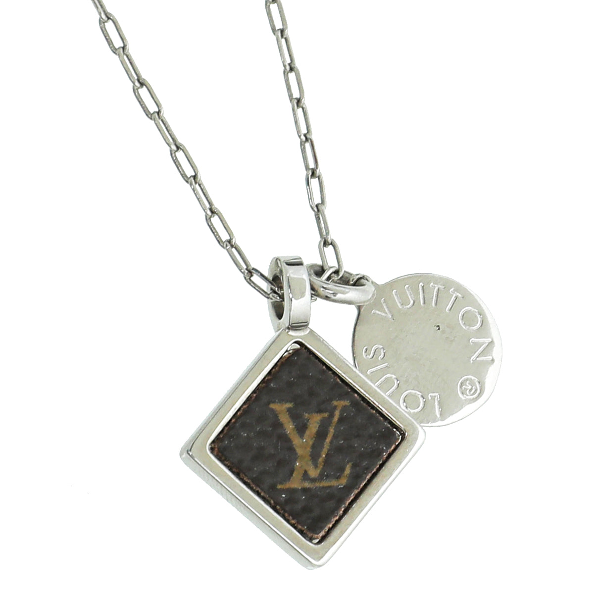 Louis Vuitton Silver Finish Monogram Square Pendant Necklace