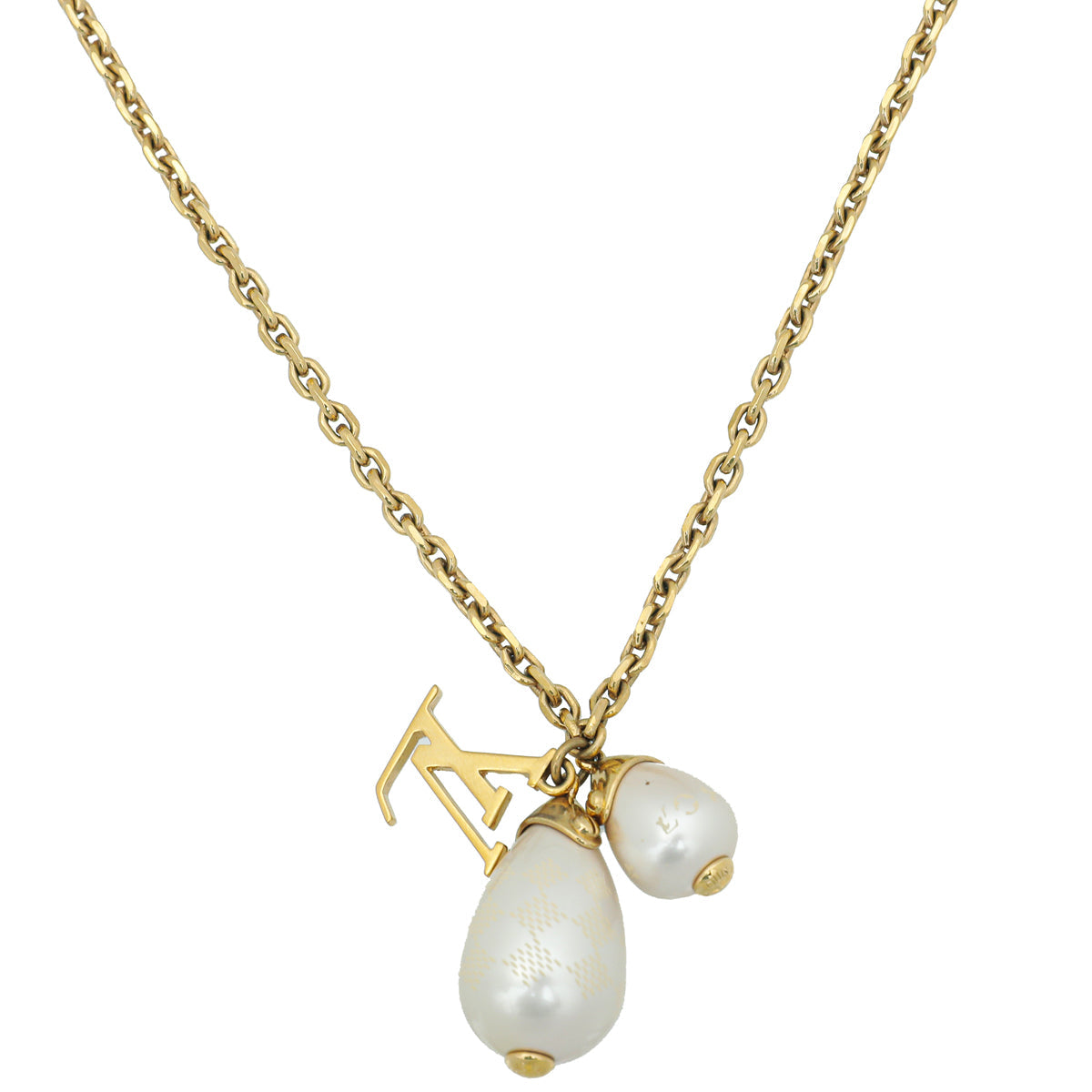 Louis Vuitton Gold Finish Damier Perle Pearl Necklace