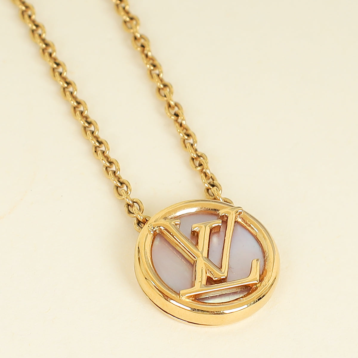 Louis Vuitton Gold Mother of Pearl Circle Logo Pendant Necklace