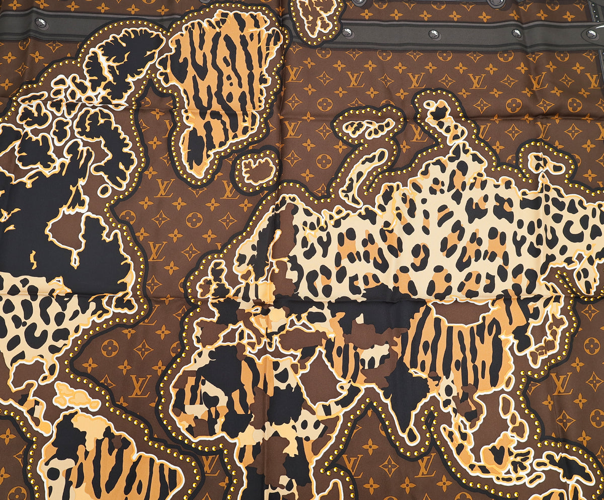 Louis Vuitton Brown Multicolor Silk Monogram LV World Square Scarf