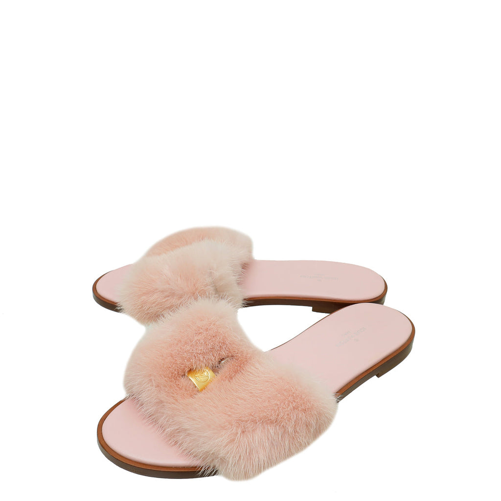 Louis Vuitton Pink Mink Fur Lock It Flat Mules 37