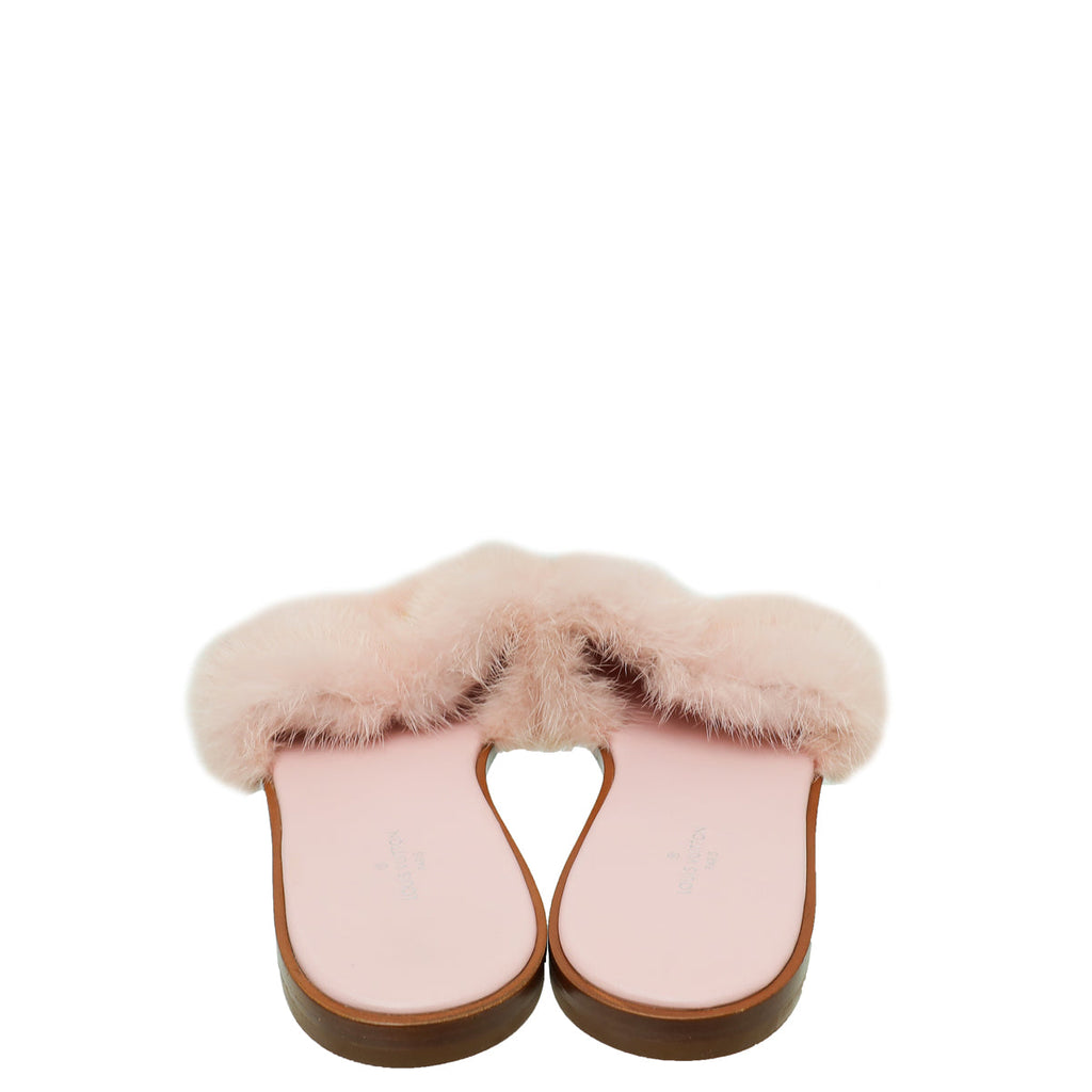 Louis Vuitton Pink Mink Fur Lock It Flat Mules 37