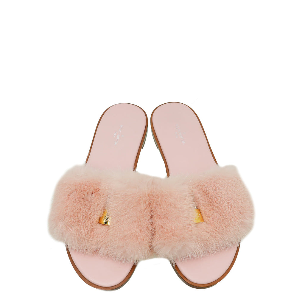Louis Vuitton Pink Mink Fur Lock It Flat Mules 37