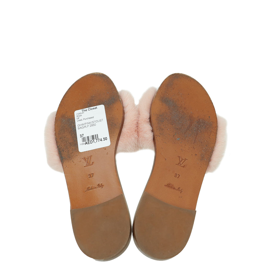 Louis Vuitton Pink Mink Fur Lock It Flat Mules 37