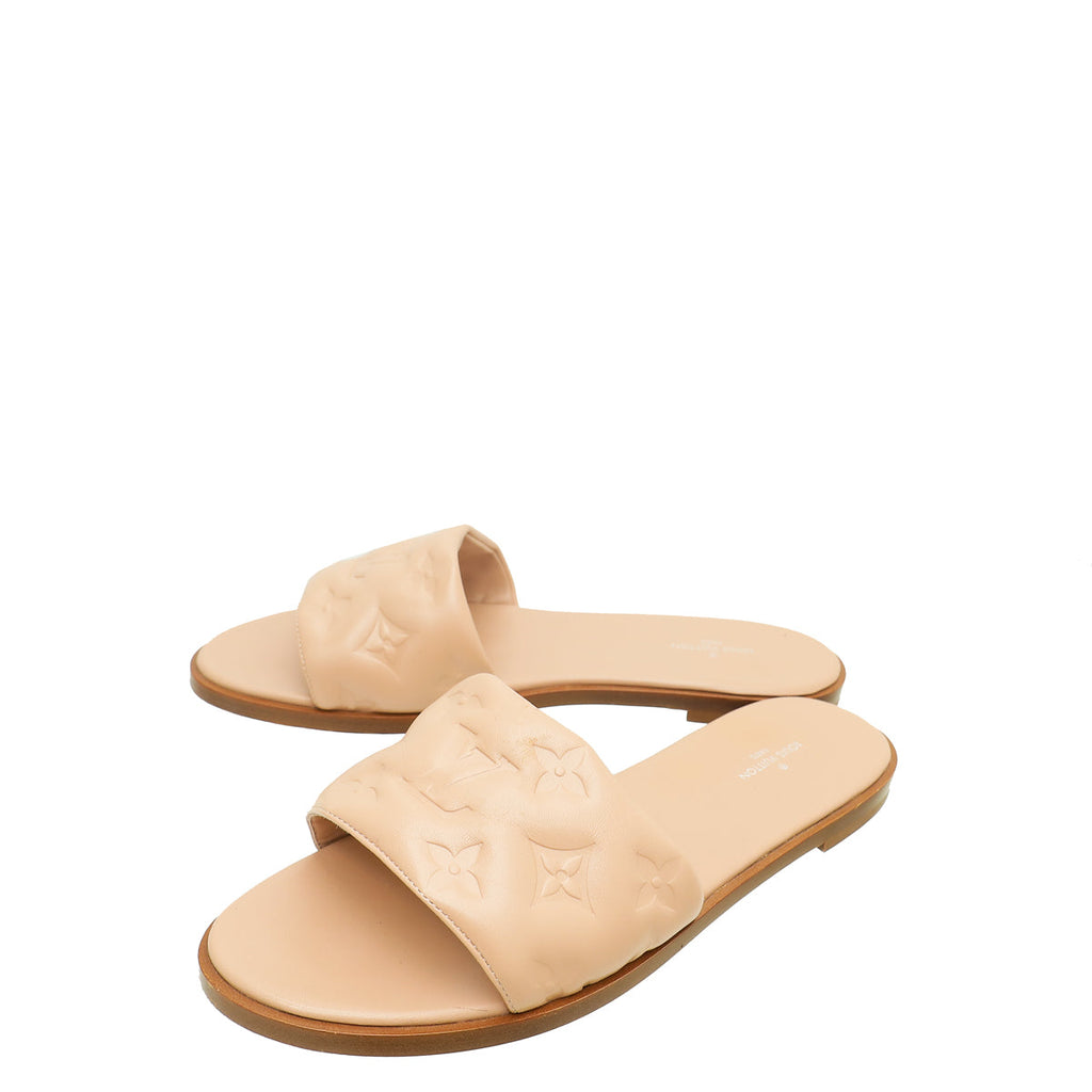 Louis Vuitton Nude Pink Monogram Embossed Revival Flat Mules 37