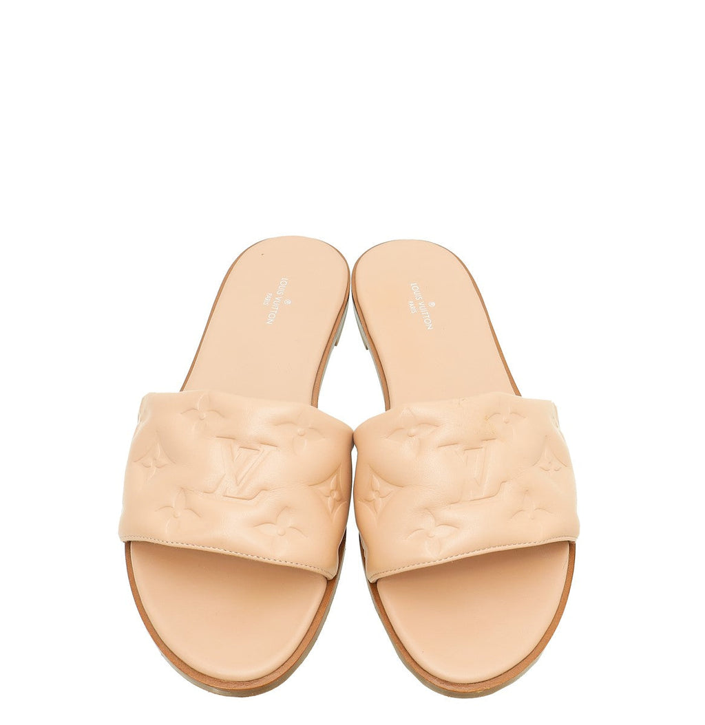 Louis Vuitton Nude Pink Monogram Embossed Revival Flat Mules 37