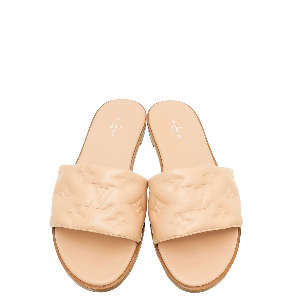 Louis Vuitton Nude Pink Monogram Embossed Revival Flat Mules 37