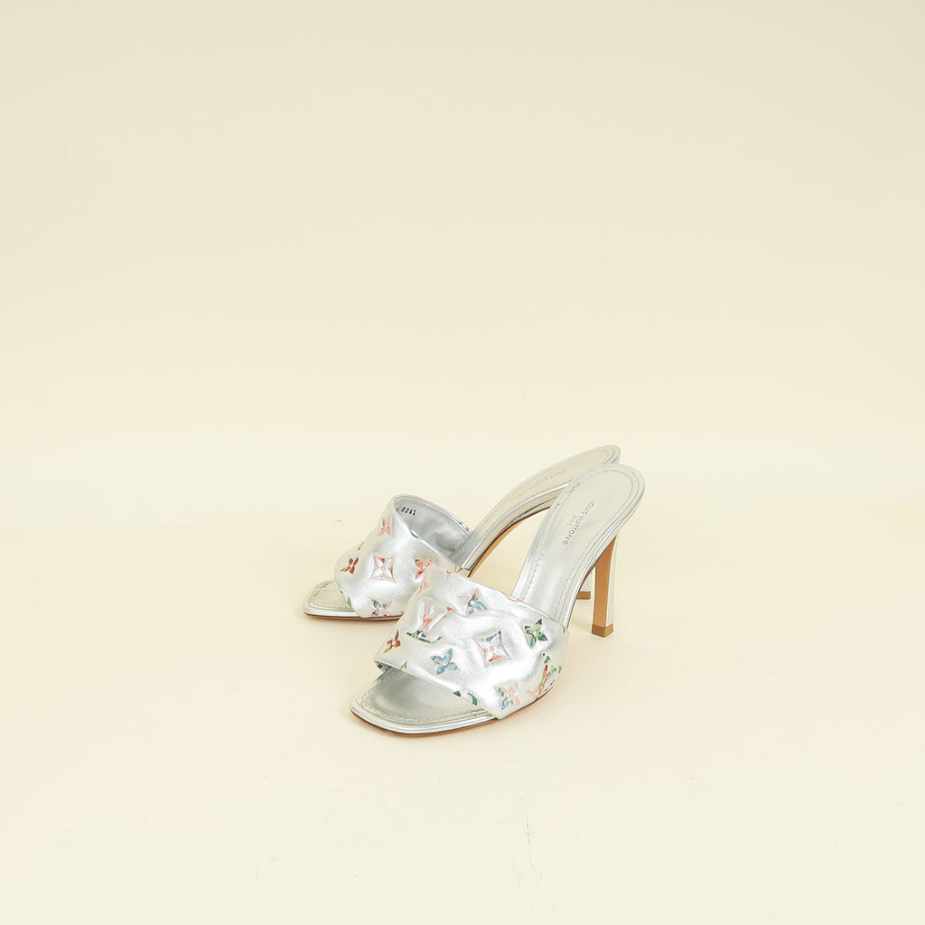 Louis Vuitton Metallic Silver Monogram Embossed Revival Mules 38