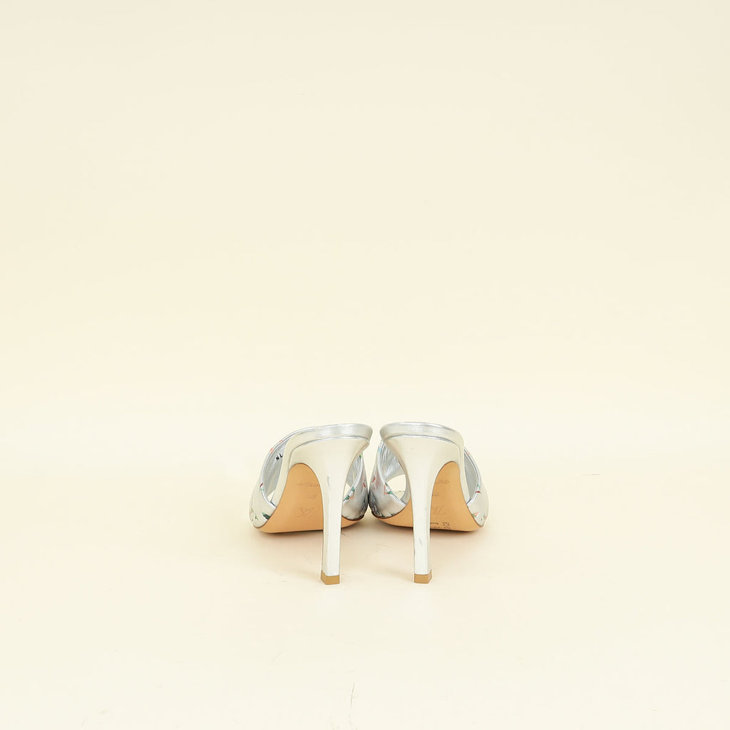Louis Vuitton Metallic Silver Monogram Embossed Revival Mules 38