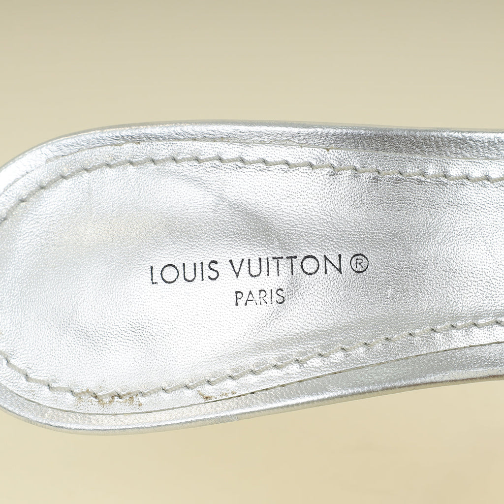 Louis Vuitton Metallic Silver Monogram Embossed Revival Mules 38