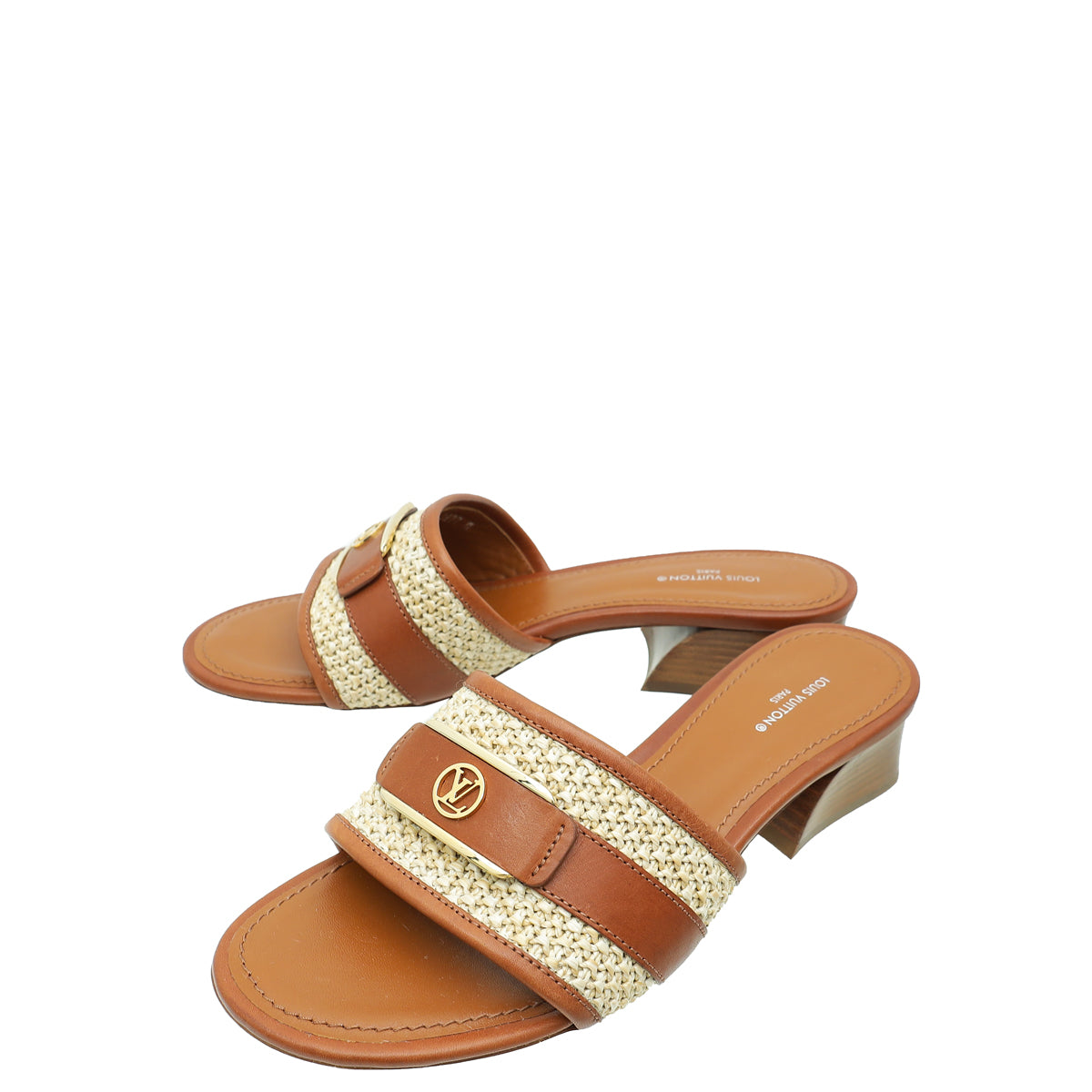 Louis Vuitton Cognac Brown Raffia Calfskin Lock It Heeled Mules 38