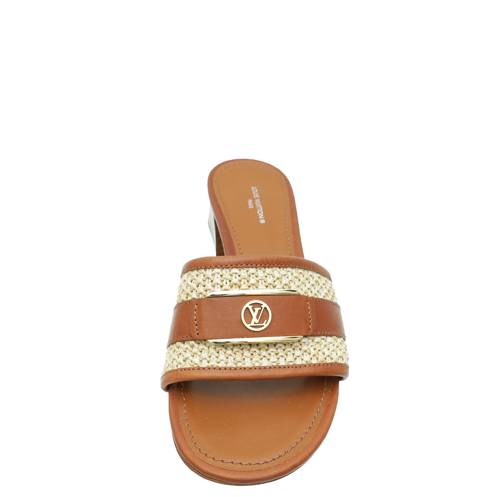 Louis Vuitton Cognac Brown Raffia Calfskin Lock It Heeled Mules 38