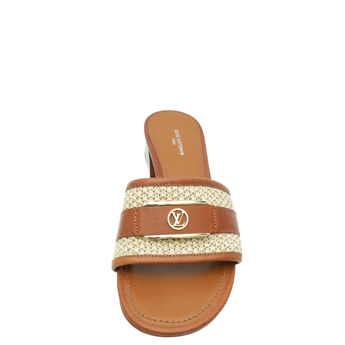 Louis Vuitton Cognac Brown Raffia Calfskin Lock It Heeled Mules 38