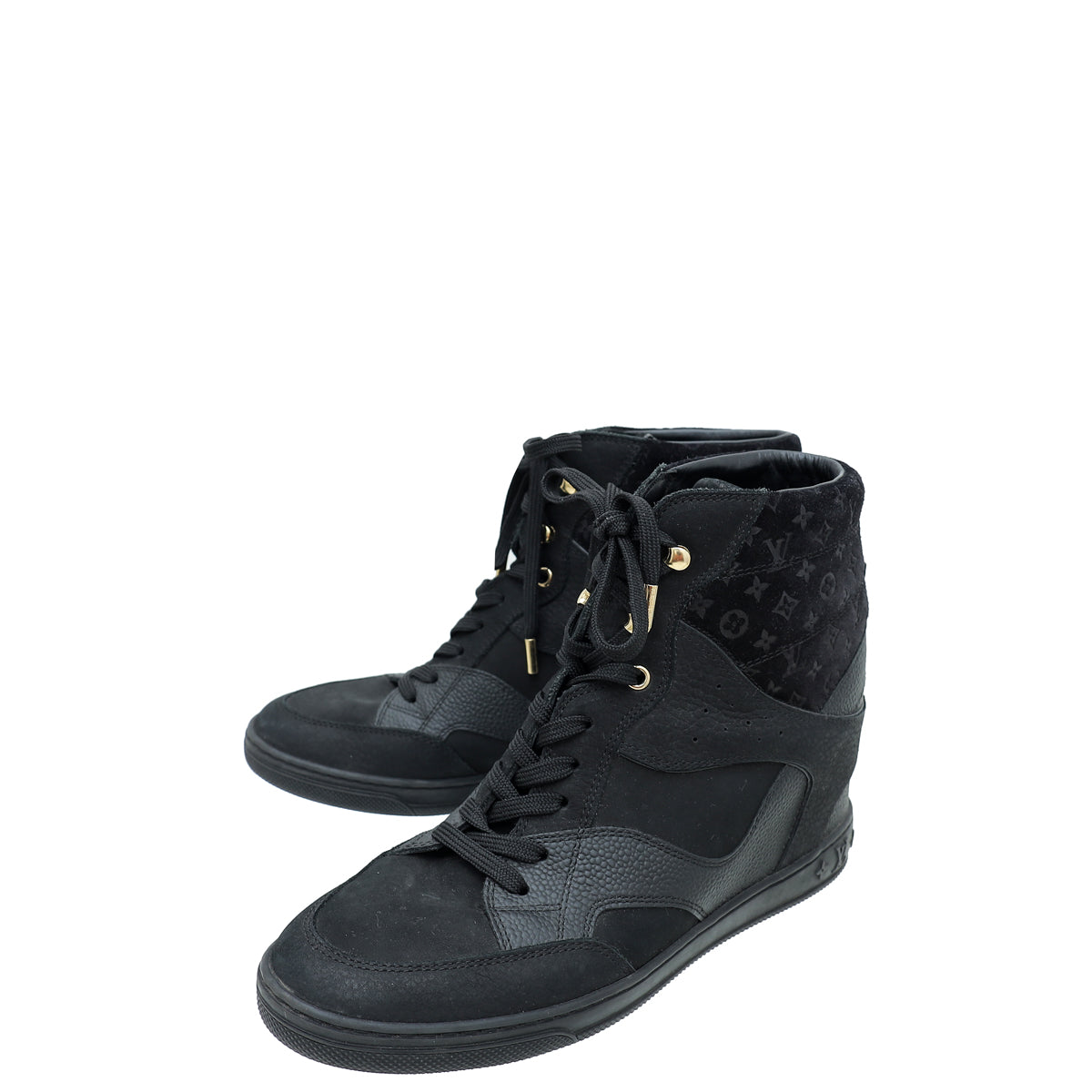 Louis Vuitton Black Suede Monogram Cliff Top Wedge Sneakers 39