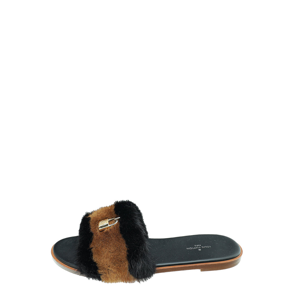Louis Vuitton Bicolor Lock It Mink Fur Flat Sandal 39