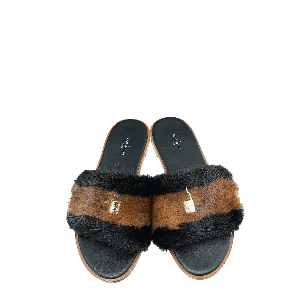 Louis Vuitton Bicolor Lock It Mink Fur Flat Sandal 39