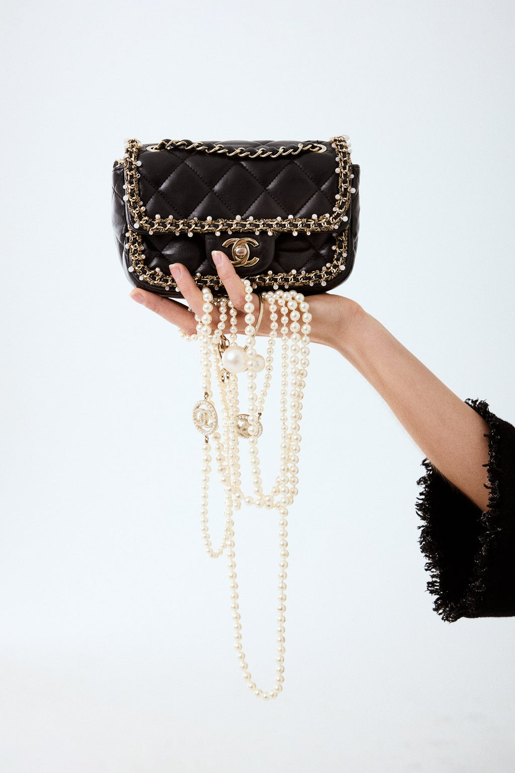 Chanel™ Black Lambskin Pearl Chain Around Square Flap Bag