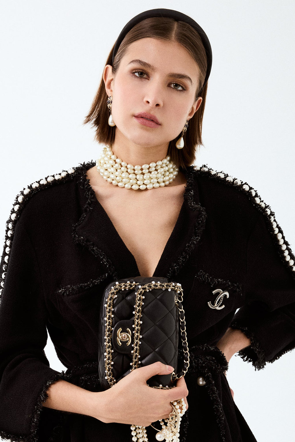 Chanel™ Black Lambskin Pearl Chain Around Square Flap Bag