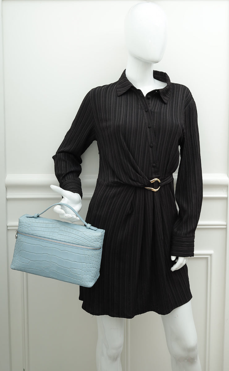 Loro Piana Blue Celadon Soft Shiny Alligator Extra Pocket Bag