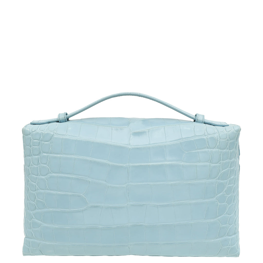 Loro Piana Blue Celadon Soft Shiny Alligator Extra Pocket Bag