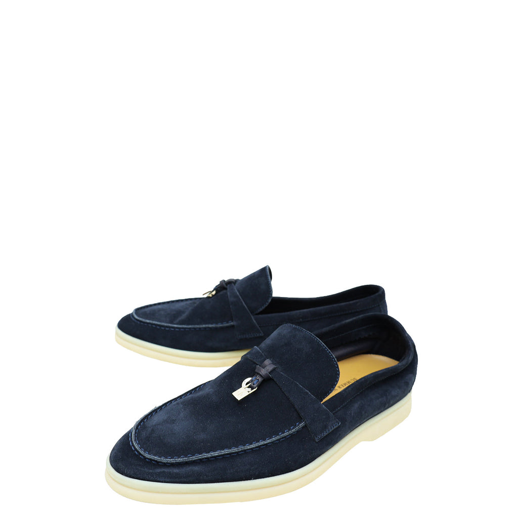 Loro Piana Navy Blue Summer Charms Walk Loafers 37.5