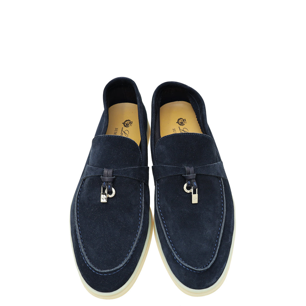 Loro Piana Navy Blue Summer Charms Walk Loafers 37.5